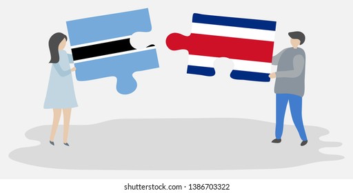 Couple holding two puzzles pieces with Motswana and Costa Rican flags. Botswana and Costa Rica national symbols together.