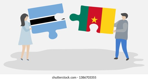 Couple holding two puzzles pieces with Motswana and Cameroonian flags. Botswana and Cameroon national symbols together.