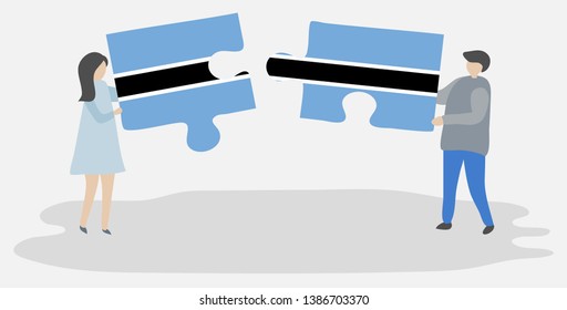 Couple holding two puzzles pieces with Motswana and Motswana flags. Botswana and Botswana national symbols together.
