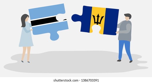 Couple holding two puzzles pieces with Motswana and Barbadian flags. Botswana and Barbados national symbols together.