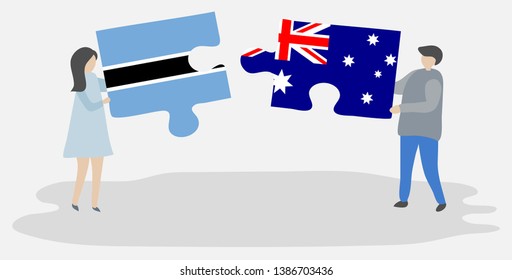 Couple holding two puzzles pieces with Motswana and Australian flags. Botswana and Australia national symbols together.