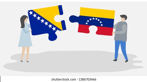 Couple holding two puzzles pieces with Bosnian and Venezuelan flags. Bosnia and Herzegovina and Venezuela national symbols together.