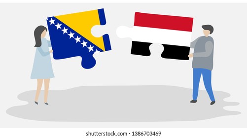 Couple holding two puzzles pieces with Bosnian and Yemeni flags. Bosnia and Herzegovina and Yemen national symbols together.