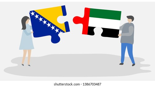 Couple holding two puzzles pieces with Bosnian and Emirian flags. Bosnia and Herzegovina and United Arab Emirates national symbols together.