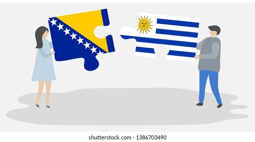 Couple holding two puzzles pieces with Bosnian and Uruguayan flags. Bosnia and Herzegovina and Uruguay national symbols together.