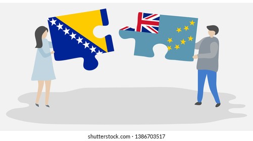 Couple holding two puzzles pieces with Bosnian and Tuvaluan flags. Bosnia and Herzegovina and Tuvalu national symbols together.