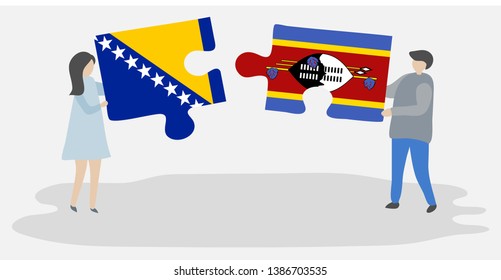 Couple holding two puzzles pieces with Bosnian and Swazi flags. Bosnia and Herzegovina and Swaziland national symbols together.