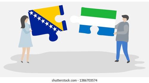 Couple holding two puzzles pieces with Bosnian and Sierra Leonean flags. Bosnia and Herzegovina and Sierra Leone national symbols together.