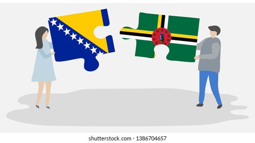 Couple holding two puzzles pieces with Bosnian and Dominican flags. Bosnia and Herzegovina and Dominica national symbols together.