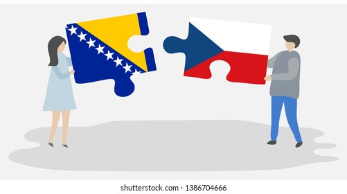 Couple holding two puzzles pieces with Bosnian and Czech flags. Bosnia and Herzegovina and Czech Republic national symbols together.