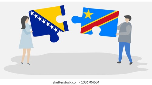 Couple holding two puzzles pieces with Bosnian and Congolese flags. Bosnia and Herzegovina and Democratic Republic of the Congo national symbols together.