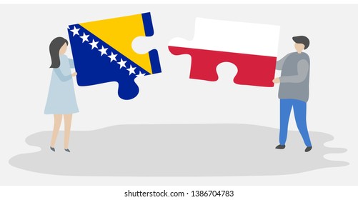 Couple holding two puzzles pieces with Bosnian and Polish flags. Bosnia and Herzegovina and Poland national symbols together.