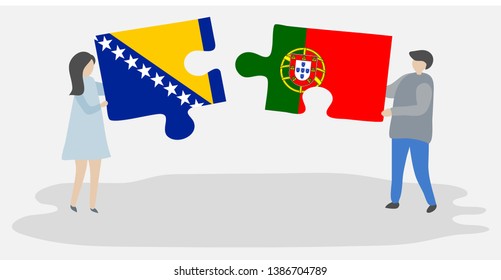 Couple holding two puzzles pieces with Bosnian and Portuguese flags. Bosnia and Herzegovina and Portugal national symbols together.