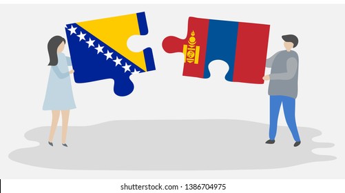 Couple holding two puzzles pieces with Bosnian and Mongolian flags. Bosnia and Herzegovina and Mongolia national symbols together.