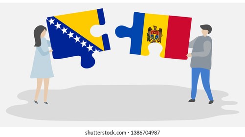 Couple holding two puzzles pieces with Bosnian and Moldovan flags. Bosnia and Herzegovina and Moldova national symbols together.