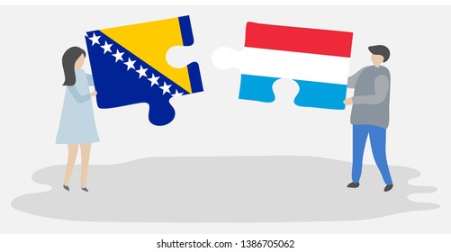 Couple holding two puzzles pieces with Bosnian and Luxembourgish flags. Bosnia and Herzegovina and Luxembourg national symbols together.