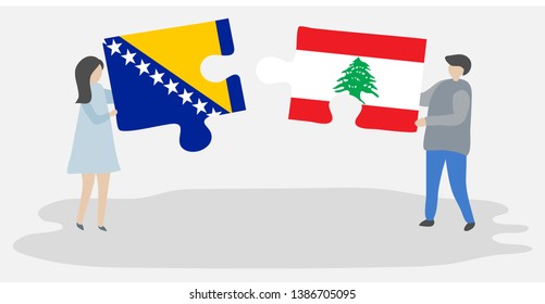 Couple holding two puzzles pieces with Bosnian and Lebanese flags. Bosnia and Herzegovina and Lebanon national symbols together.