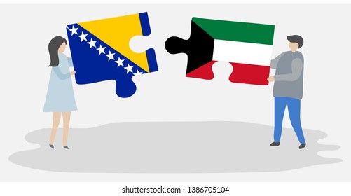 Couple holding two puzzles pieces with Bosnian and Kuwaiti flags. Bosnia and Herzegovina and Kuwait national symbols together.