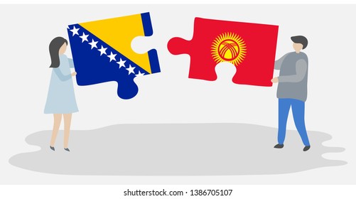 Couple holding two puzzles pieces with Bosnian and Kirgiz flags. Bosnia and Herzegovina and Kyrgyzstan national symbols together.