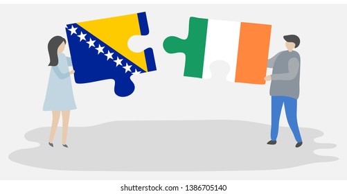 Couple holding two puzzles pieces with Bosnian and Irish flags. Bosnia and Herzegovina and Ireland national symbols together.