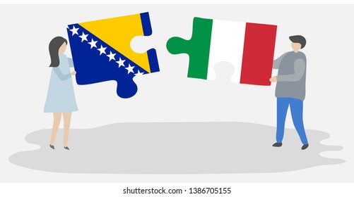 Couple holding two puzzles pieces with Bosnian and Italian flags. Bosnia and Herzegovina and Italy national symbols together.
