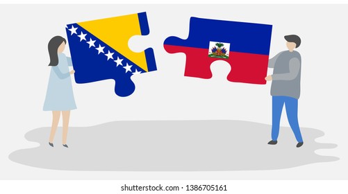 Couple holding two puzzles pieces with Bosnian and Haitian flags. Bosnia and Herzegovina and Haiti national symbols together.