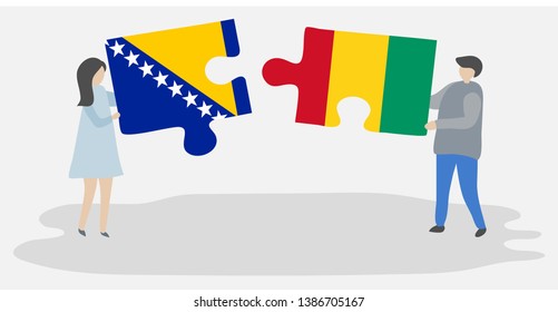 Couple holding two puzzles pieces with Bosnian and Guinean flags. Bosnia and Herzegovina and Guinea national symbols together.