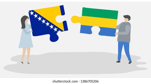 Couple holding two puzzles pieces with Bosnian and Gabonese flags. Bosnia and Herzegovina and Gabon national symbols together.