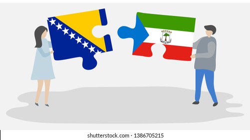 Couple holding two puzzles pieces with Bosnian and Equatorial Guinean flags. Bosnia and Herzegovina and Equatorial Guinea national symbols together.
