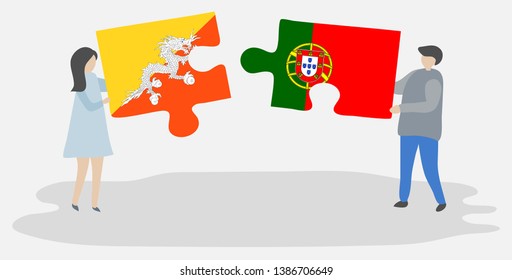 Couple holding two puzzles pieces with Bhutanese and Portuguese flags. Bhutan and Portugal national symbols together.