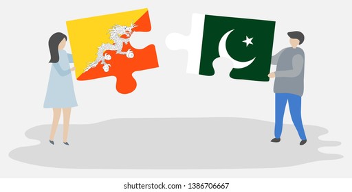 Couple holding two puzzles pieces with Bhutanese and Pakistani flags. Bhutan and Pakistan national symbols together.
