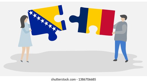 Couple holding two puzzles pieces with Bosnian and Chadian flags. Bosnia and Herzegovina and Chad national symbols together.