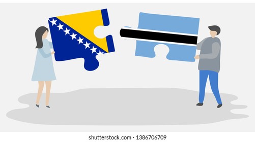 Couple holding two puzzles pieces with Bosnian and Motswana flags. Bosnia and Herzegovina and Botswana national symbols together.