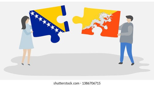 Couple holding two puzzles pieces with Bosnian and Bhutanese flags. Bosnia and Herzegovina and Bhutan national symbols together.