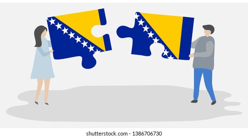 Couple holding two puzzles pieces with Bosnian and Bosnian flags. Bosnia and Herzegovina and Bosnia and Herzegovina national symbols together.
