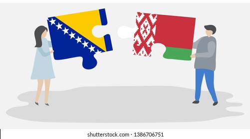 Couple holding two puzzles pieces with Bosnian and Belarusian flags. Bosnia and Herzegovina and Belarus national symbols together.