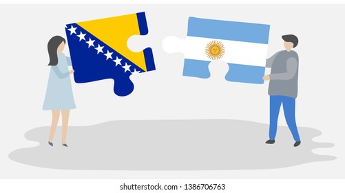 Couple holding two puzzles pieces with Bosnian and Argentine flags. Bosnia and Herzegovina and Argentina national symbols together.
