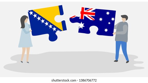 Couple holding two puzzles pieces with Bosnian and Australian flags. Bosnia and Herzegovina and Australia national symbols together.