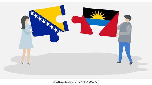 Couple holding two puzzles pieces with Bosnian and Antiguan flags. Bosnia and Herzegovina and Antigua and Barbuda national symbols together.