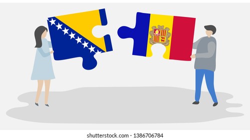 Couple holding two puzzles pieces with Bosnian and Andorran flags. Bosnia and Herzegovina and Andorra national symbols together.