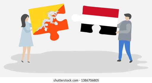 Couple holding two puzzles pieces with Bhutanese and Yemeni flags. Bhutan and Yemen national symbols together.