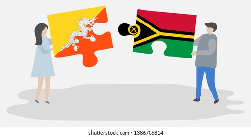 Couple holding two puzzles pieces with Bhutanese and Vanuatuan flags. Bhutan and Vanuatu national symbols together.