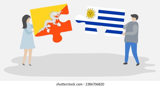 Couple holding two puzzles pieces with Bhutanese and Uruguayan flags. Bhutan and Uruguay national symbols together.