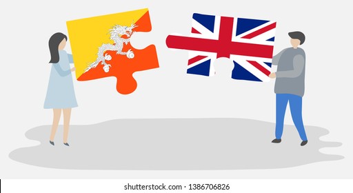 Couple holding two puzzles pieces with Bhutanese and British flags. Bhutan and United Kingdom national symbols together.