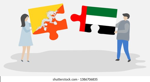 Couple holding two puzzles pieces with Bhutanese and Emirian flags. Bhutan and United Arab Emirates national symbols together.