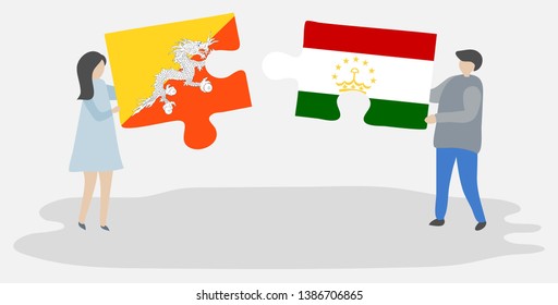 Couple holding two puzzles pieces with Bhutanese and Tajikistani flags. Bhutan and Tajikistan national symbols together.