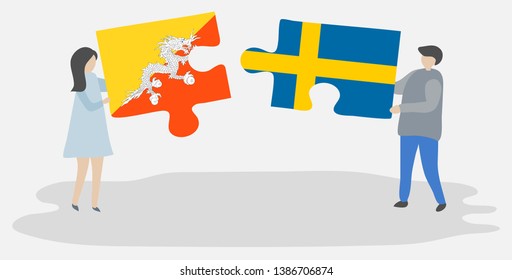 Couple holding two puzzles pieces with Bhutanese and Swedish flags. Bhutan and Sweden national symbols together.