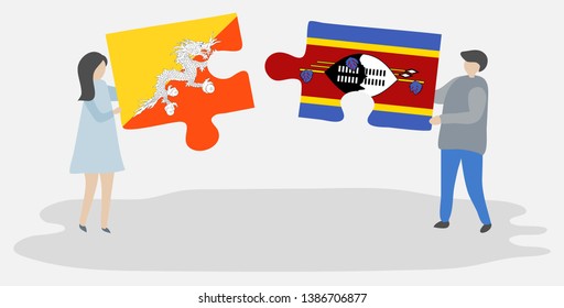Couple holding two puzzles pieces with Bhutanese and Swazi flags. Bhutan and Swaziland national symbols together.