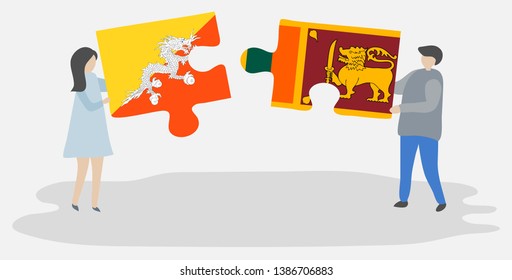 Couple holding two puzzles pieces with Bhutanese and Sri Lankan flags. Bhutan and Sri Lanka national symbols together.