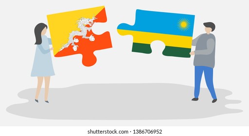 Couple holding two puzzles pieces with Bhutanese and Rwandan flags. Bhutan and Rwanda national symbols together.